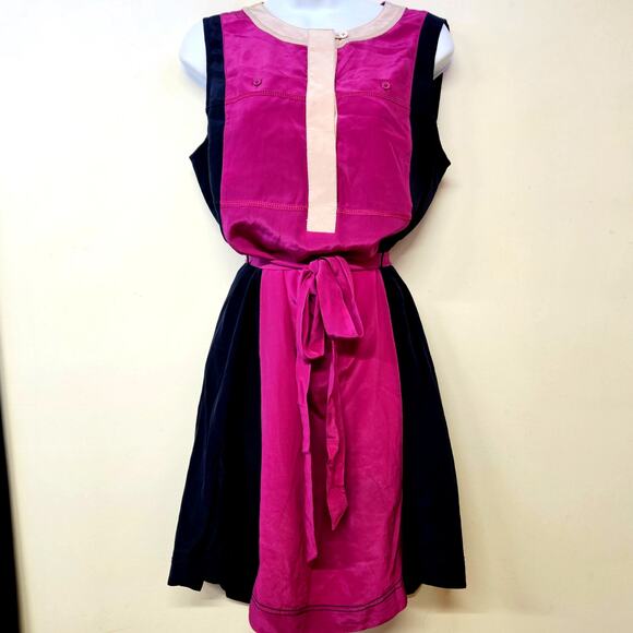 Tory Burch Angie Magenta Normandy Blue Lichee Silk Dress Size 8 Colorblock READ - Picture 1 of 12